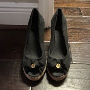 Tory Burch Black Canvas Peep Toe Wedge